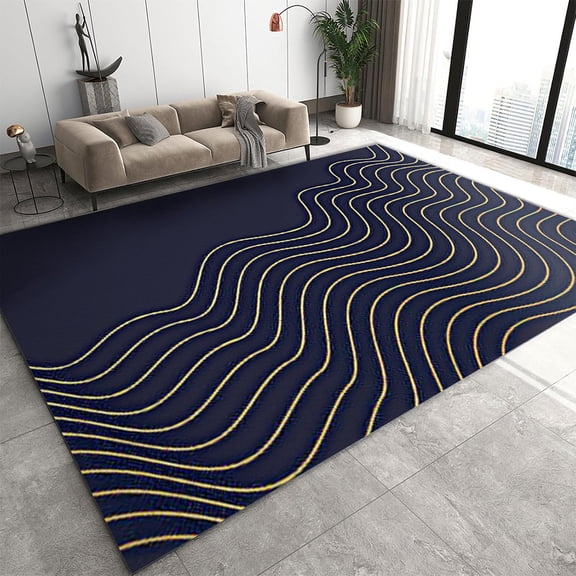 Curved Wavy Lines Area Rugs Dark Blue Luxurious Nordic Simple Rugs For Living Room Washable Rug High Density Dust-Proof For Study Bedroom Kitchen Dining Room 3x4ft