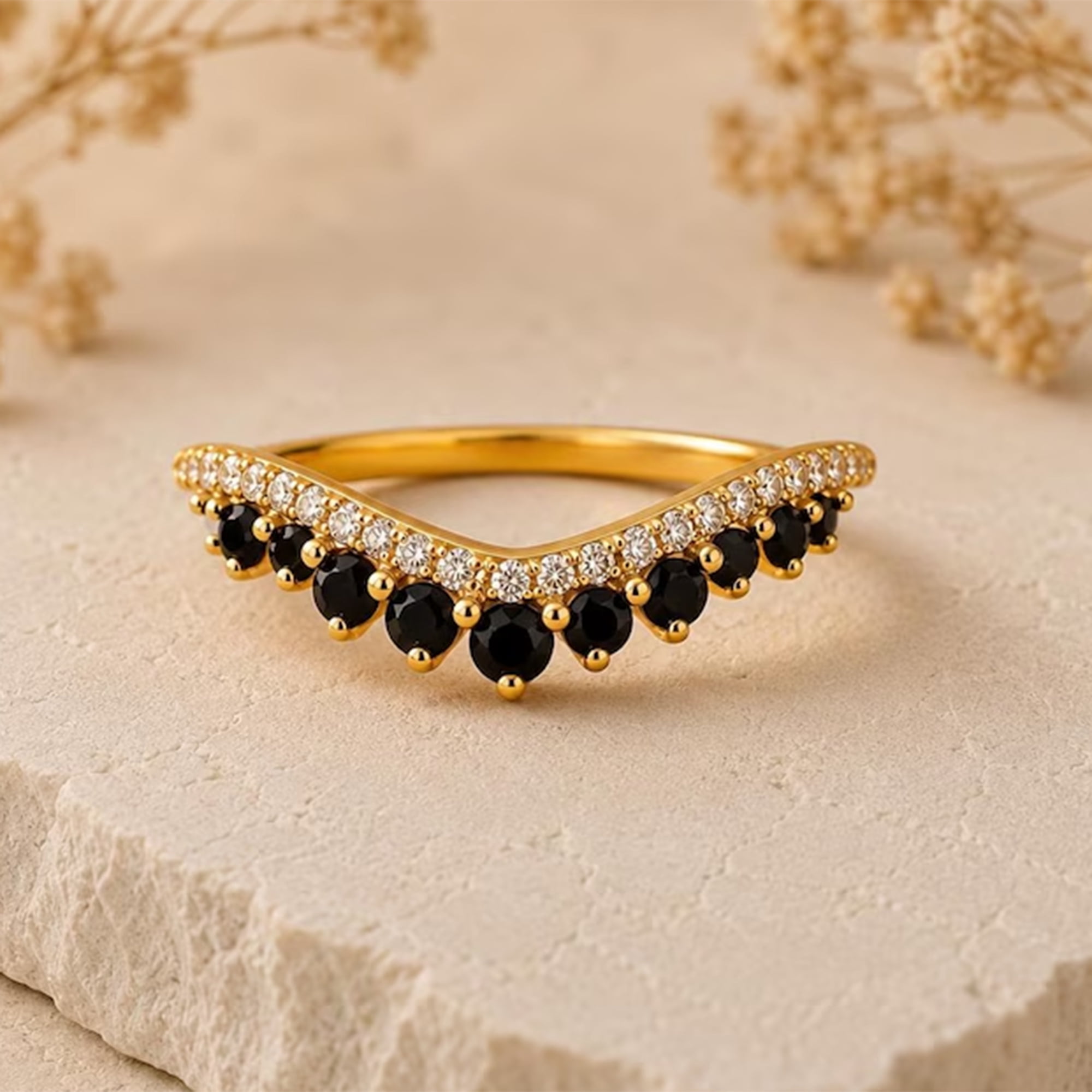 Curved Wedding Band, Lab Created Black Onyx & Moissanite Ring, V Shape ...