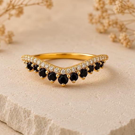 Silver Pickup Rings Curved Wedding Band, Lab Created Black Onyx & Moissanite Ring, V Shape ...