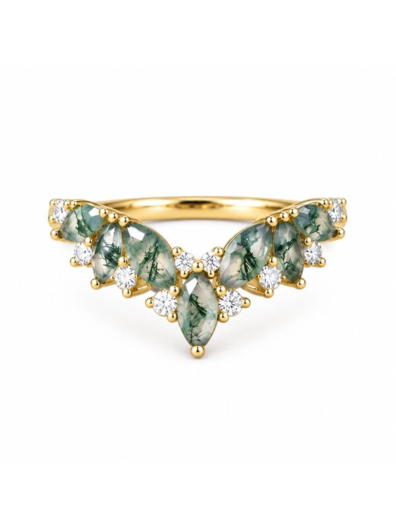 Curved Wedding Band, Lab Created Moss Agate and Moissanite Ring, V Shape Stacking Ring, Yellow Gold Plated 925 Sterling Silver Contour Band, Alternative Bridal Ring, Tiara Promise Ring
