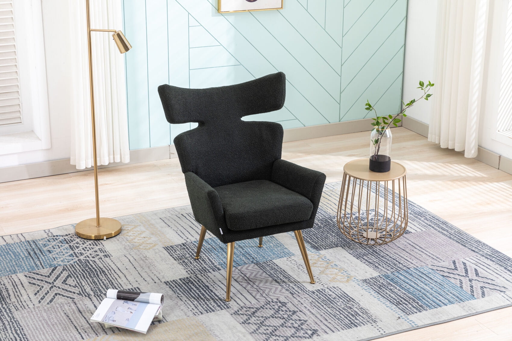 Curved Wingback Accent Chair with Gold Metal Legs, Velvet Upholstered