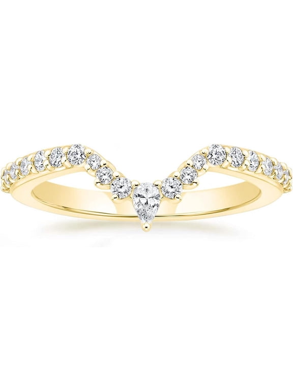 Curved Wishbone Wedding Ring for Women, 14K Gold Plated 925 Silver, Pear CZ Diamond, Stackable