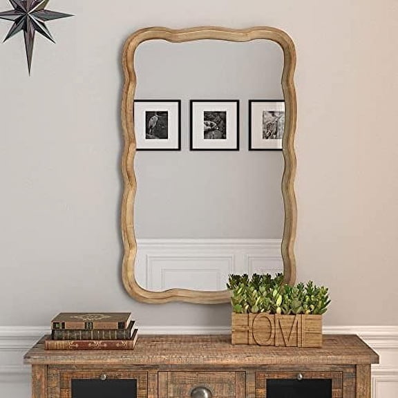 Curved Wood Frame Accent Mirror, Farmhouse French Country Decorative Wall Mirror, Rectangle 23.5”L x 38”, Natural