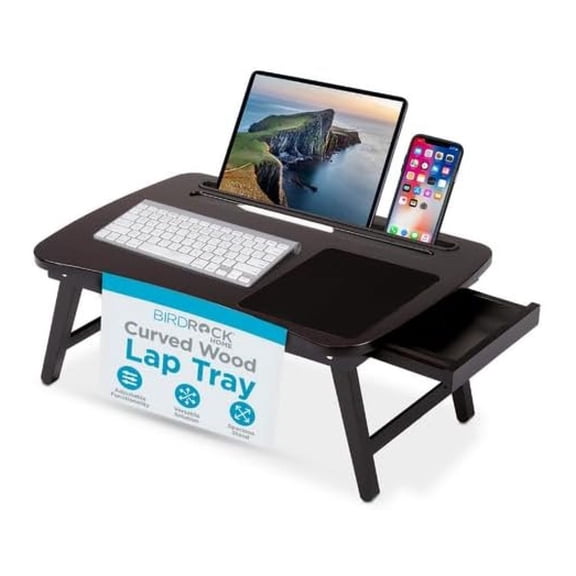 Curved Wood Lap Tray with Foldout Legs, Storage Drawer, Mouse Pad, Fits Laptops Up to 17", Tablet and Phone Slot, Laptop Table for Sitting or Standing, Work from Home - Walnut