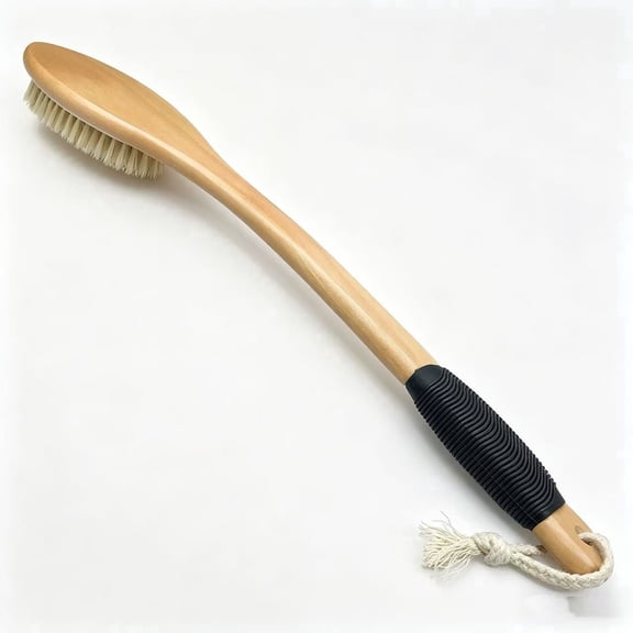 Curved Wooden Long Handle Bath Brush, Non Slip Shower Exfoliating Brush, Natural Bristle Back Scrubber for Wet and Dry Use