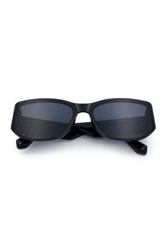 Curved Wrap Folded Lens Minimal Rectangular Retro Fashion Sunglasses All Black