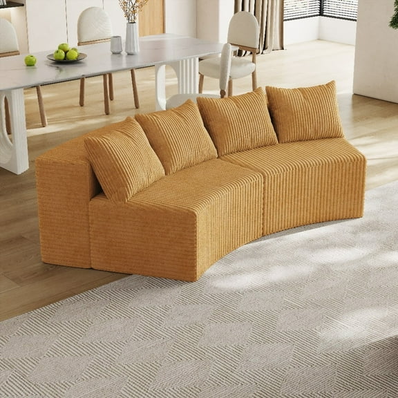 Curved symmetrical modular semi-circular sofa sectional. 4 pillows, no assembly needed. Soft corduroy for elegance.
