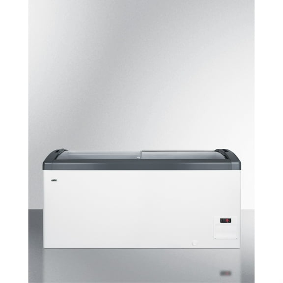 Curved top commercial ice cream freezer made in Denmark, with sliding glass lid, digital thermostat, novelty baskets, and 14.8 cu.ft. interior