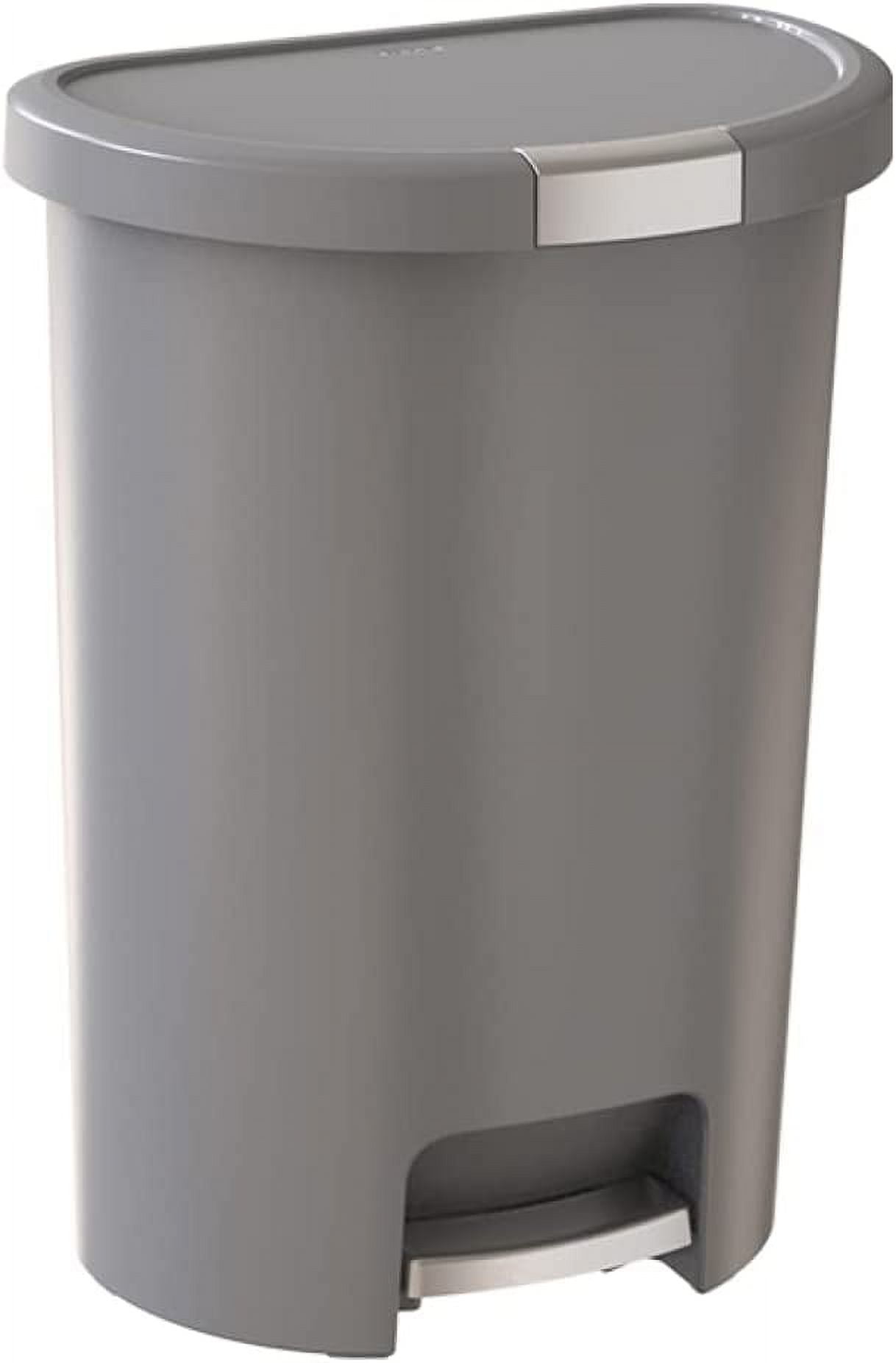Curver Deco 13 Gallon StepOn Trash Can and Recycle Bin with Lid for Kitchen Waste, Silver
