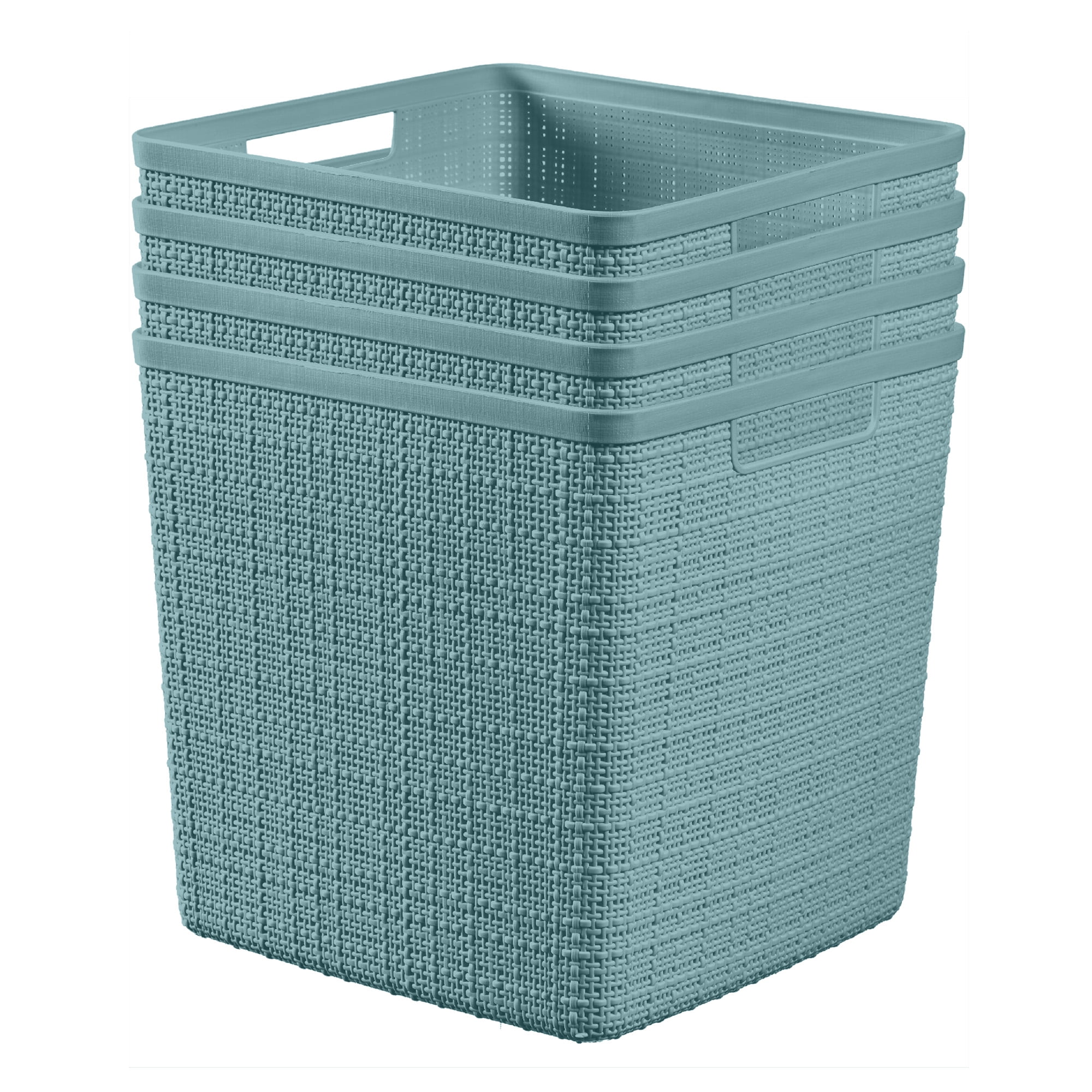 Curver Jute 11" Cube Basket, Resin Plastic Storage Bin, Aqua Slate, 4
