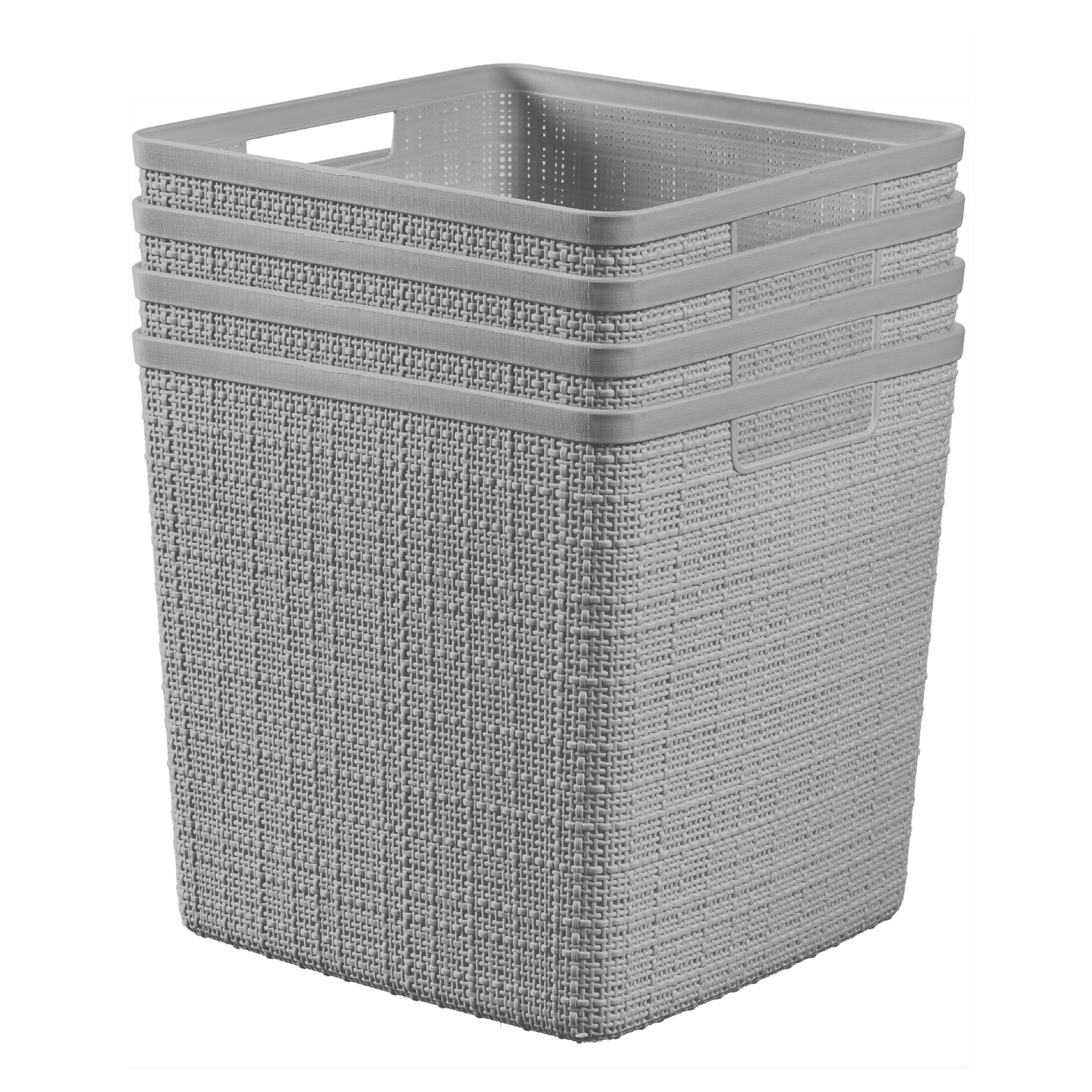 Curver Jute 11" Cube Basket, Resin Plastic Storage Bin, Cool Grey, 4 Pack