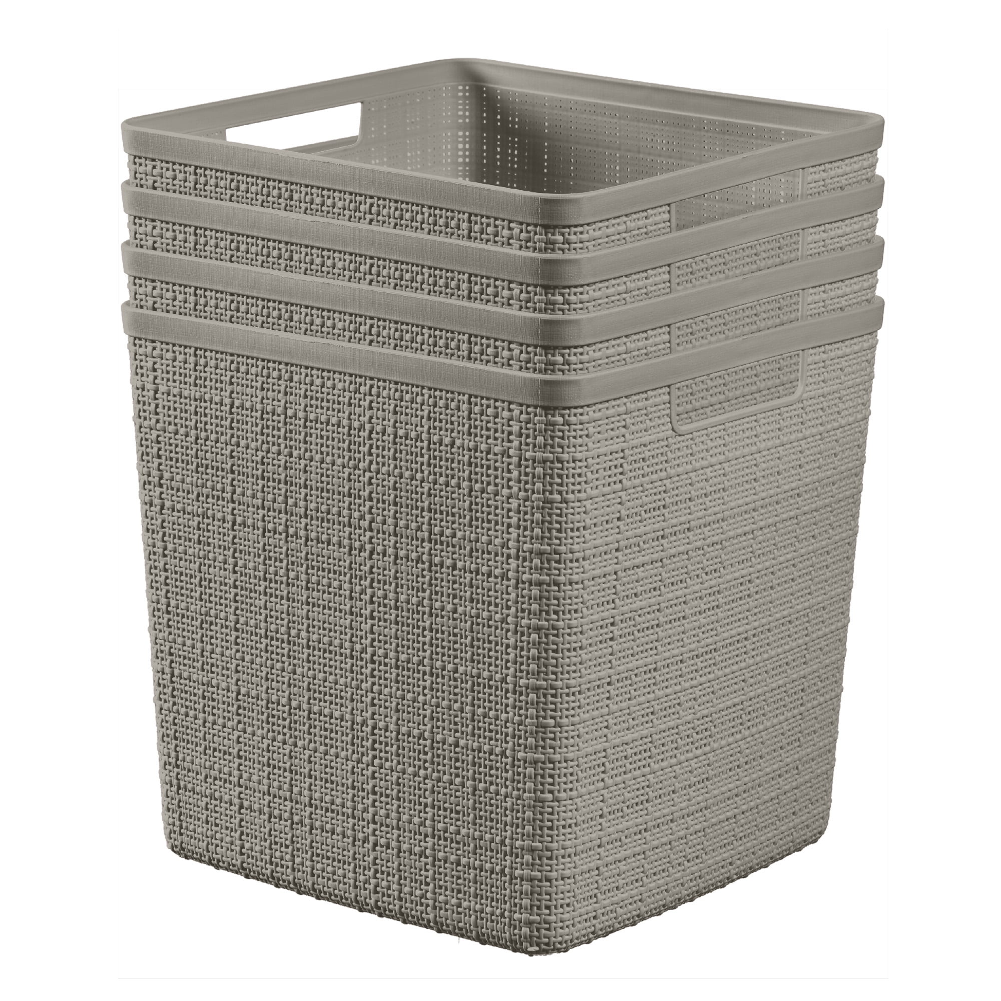 Curver Jute 11" Cube Basket, Resin Plastic Storage Bin, Warm Grey, 4