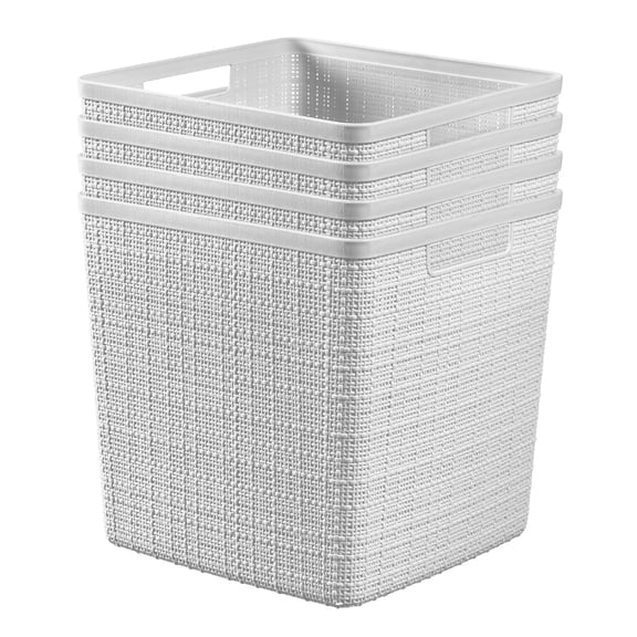 Curver Jute 11" Cube Basket, Resin Plastic Storage Bin, White, 4 Pack