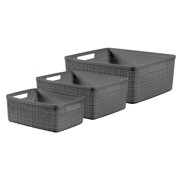 Curver Jute 3-Piece Plastic Storage Basket Set, Grey Flannel