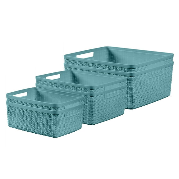 Curver Jute Basket 3pc Set, Resin Plastic Storage Bin, Aqua Slate, 2 Pack