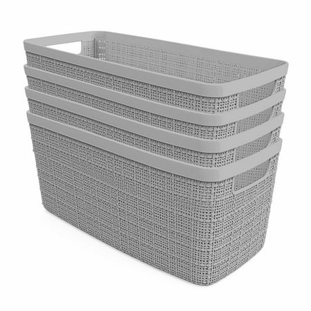 Curver Jute Basket Half Medium, Resin Plastic Storage Bin, Cool Grey, 4 Pack