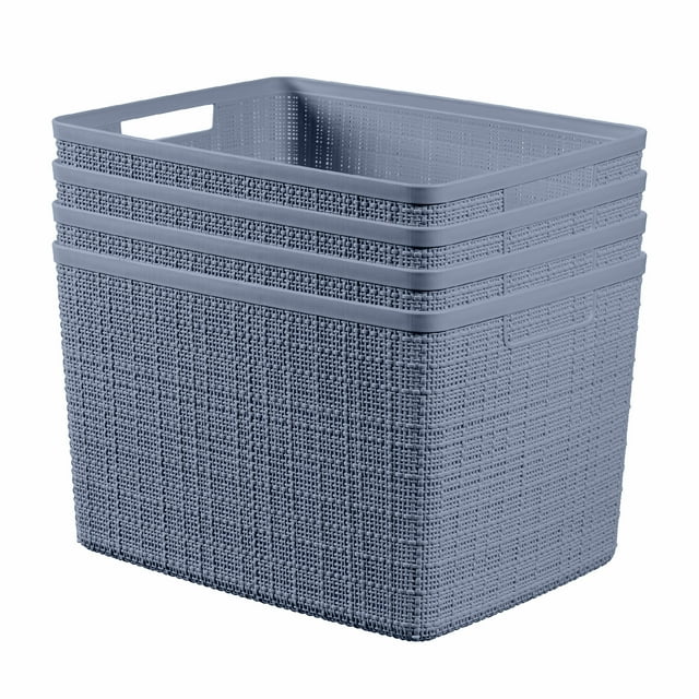 Curver Jute Basket Large, Resin Plastic Storage Bin, Denim Blue, 4 Pack