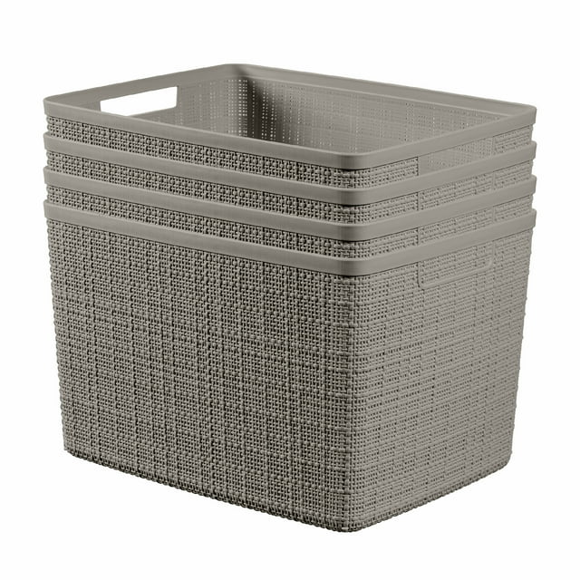 Curver Jute Basket Large, Resin Plastic Storage Bin, Warm Grey, 4 Pack ...