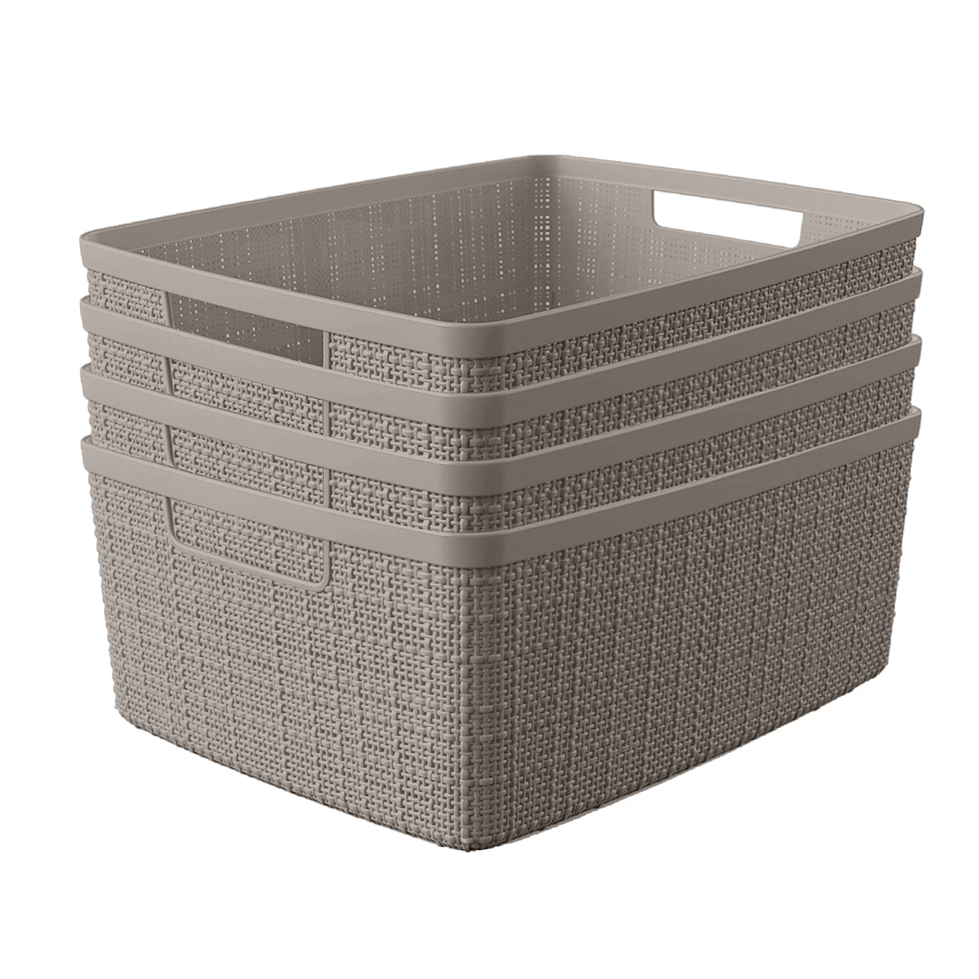 Curver Jute Basket Medium, Resin Plastic Storage Bin, Warm Grey, 4 Pack