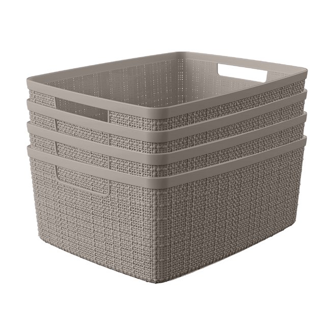 Curver Jute Basket Medium, Resin Plastic Storage Bin, Warm Grey, 4 Pack