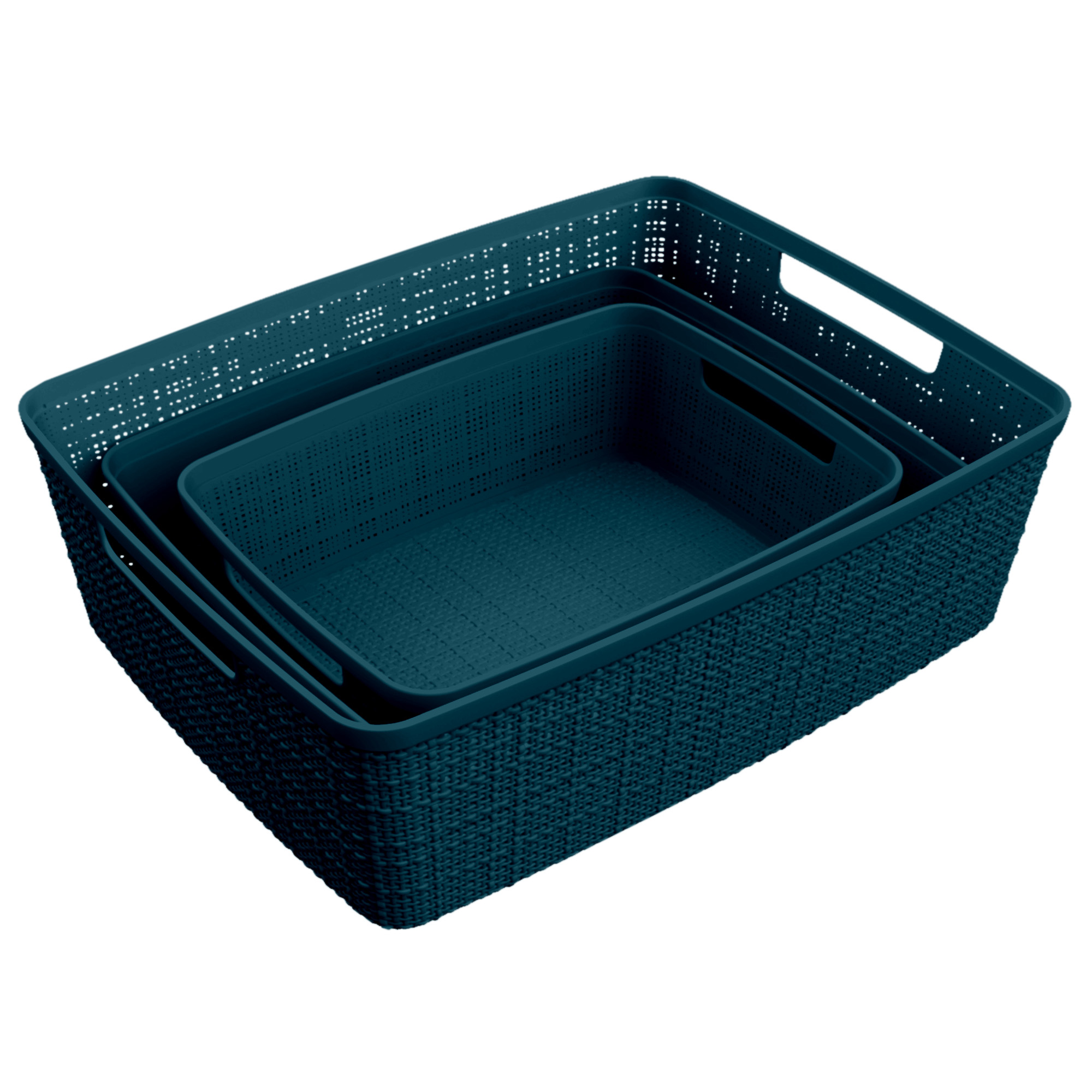 Curver Jute Basket, Resin Storage Bins, 3pc Set, Dark Green