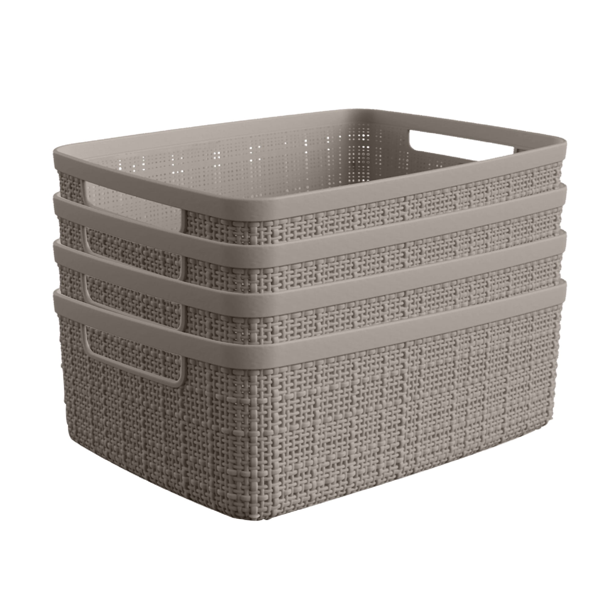 Curver Jute Basket Small, Resin Plastic Storage Bin, Warm Grey, 4 Pack
