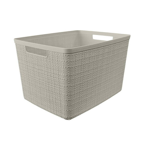 Curver Jute Large Beige Plastic Decorative Storage Basket, 14 in x 11 in x 9 in