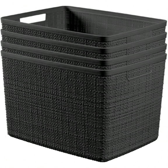 Curver Jute Large Decorative Plastic Organization and Storage Baskets Perfect Bins for Home Office Closet Shees Kitchen Pantry and All Bedroom entials Pack of 4 Black