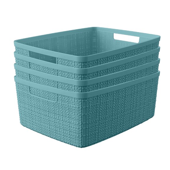 Curver Jute Medium Basket, Resin Plastic Storage Bin, Aqua Slate, 4 Pack