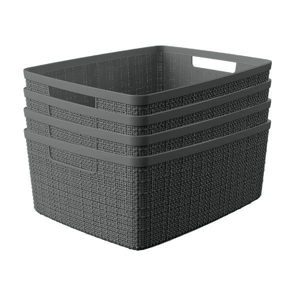 Curver Jute Medium Basket, Resin Plastic Storage Bin, Grey Flannel, 4 Pack
