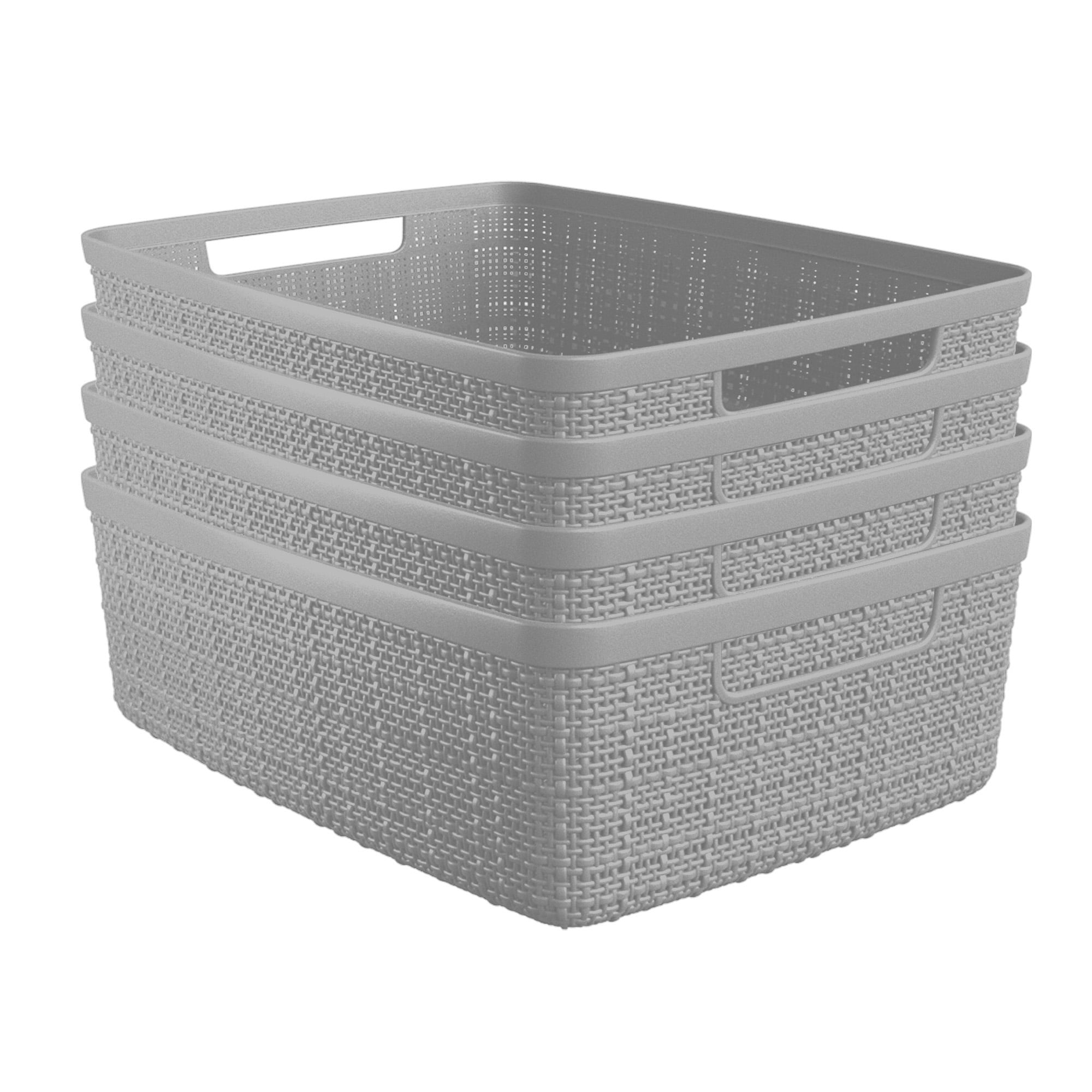Curver Jute "Smedium" Basket, Resin Plastic Storage Bin, Cool Grey, 4 Pack