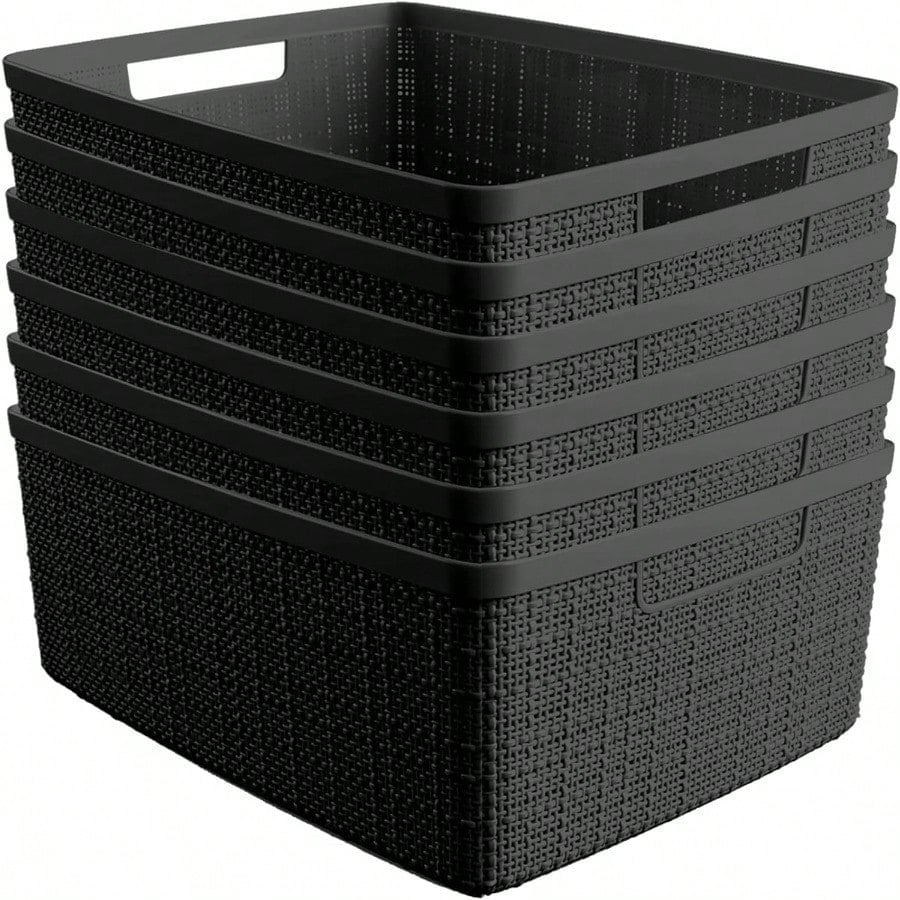 Curver Set of 6 Jute Medium Decorative Plastic Organization and Storage Baskets Perfect Bins for Home Office Closet Shees Kitchen Pantry and All Bedroom entials Black