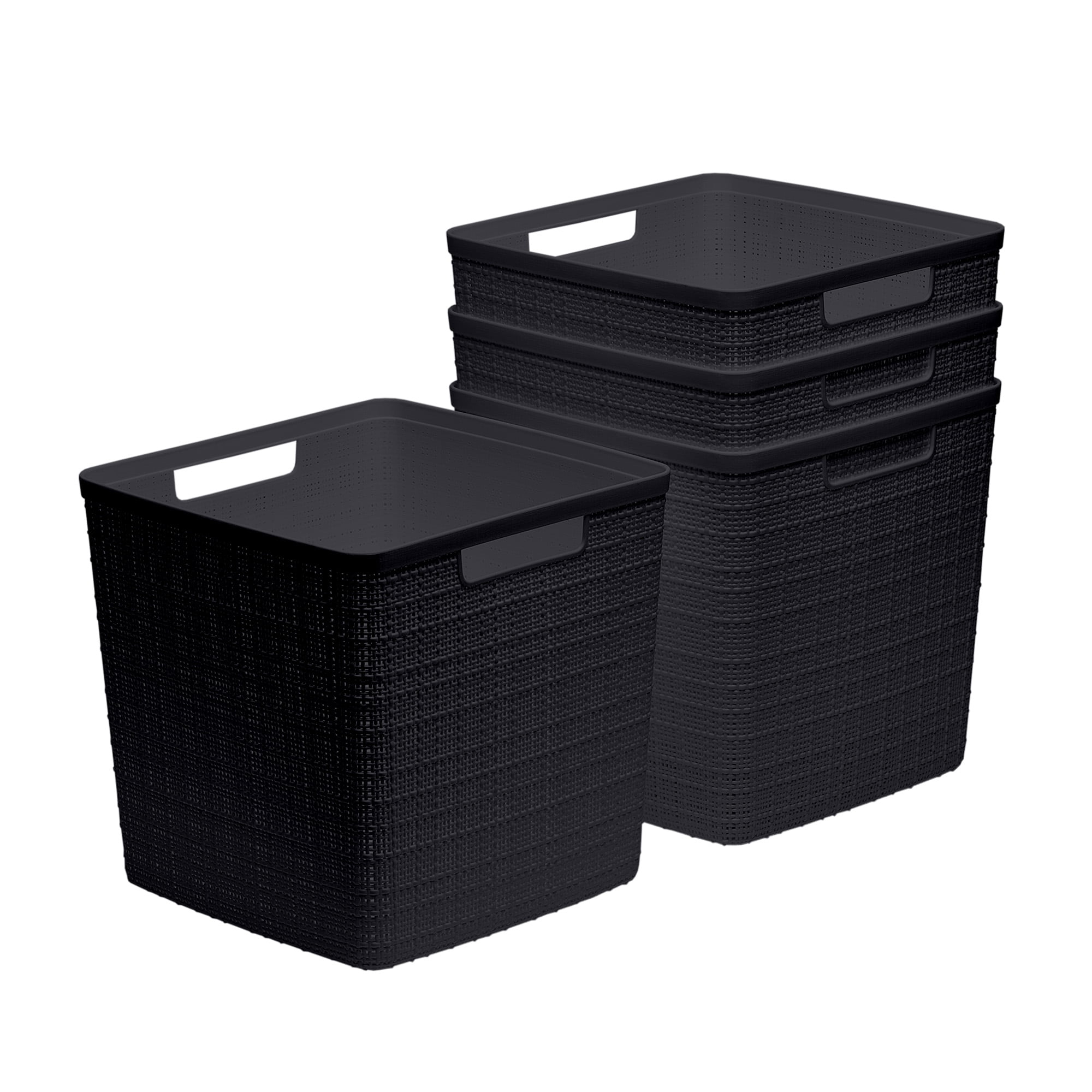 Curver Set of 4 Jute Basket Cube Durable Resin Organization and Storage Basket Bin, Black
