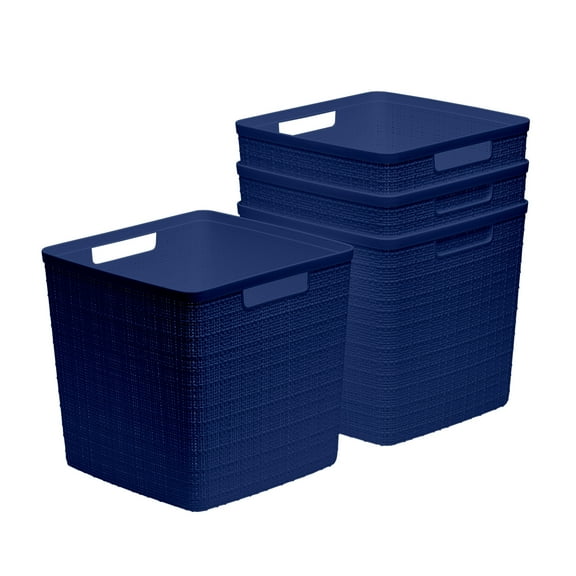Curver Set of 4 Jute Basket Cube Durable Resin Organization and Storage Basket Bin, Blue