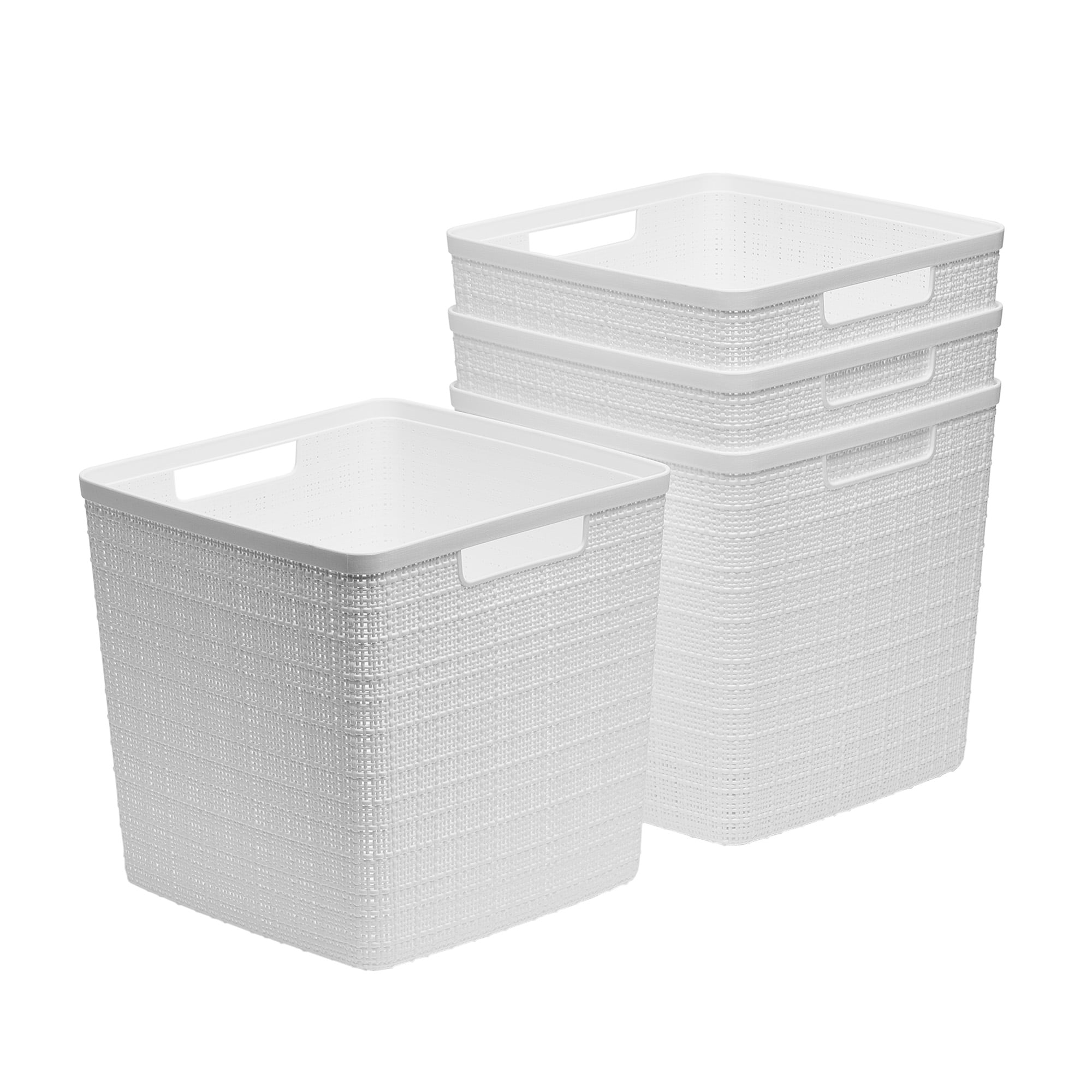 Curver Set of 4 Jute Basket Cube Durable Resin Organization and Storage Basket Bin, White