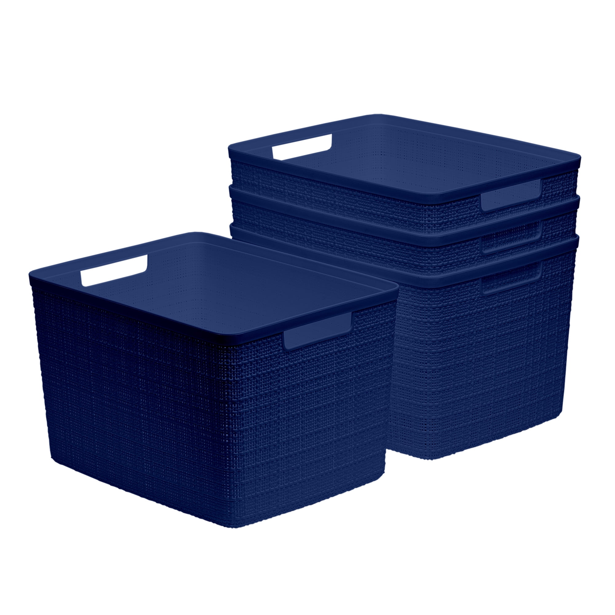 Curver Set of 4 Jute Basket Large Durable Resin Organization and Storage Basket Bin, Blue