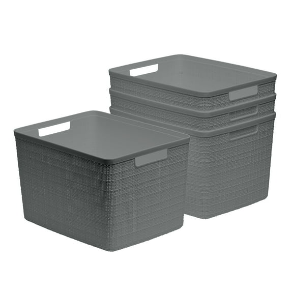 Curver Set of 4 Jute Basket Large Durable Resin Organization and Storage Basket Bin, Grey