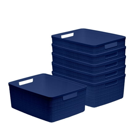 Curver Set of 6 Jute Basket Medium Durable Resin Organization and Storage Basket Bin, Blue