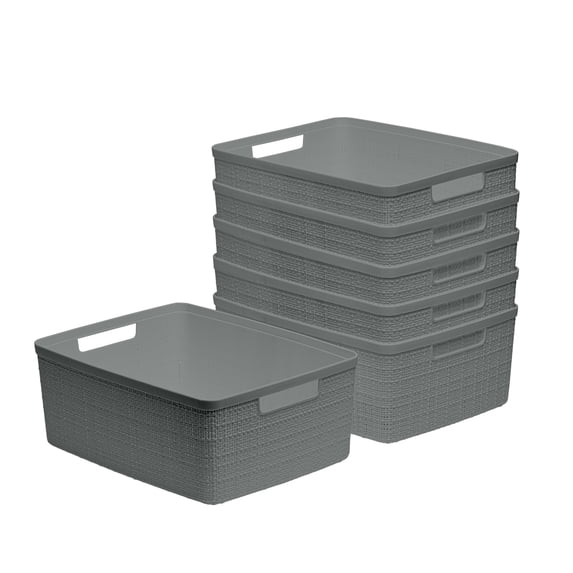 Curver Set of 6 Jute Basket Medium Durable Resin Organization and Storage Basket Bin, Grey