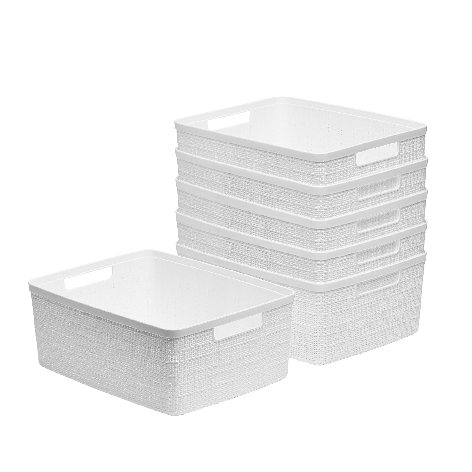 Curver Set of 6 Jute Basket Medium Durable Resin Organization and Storage Basket Bin, White