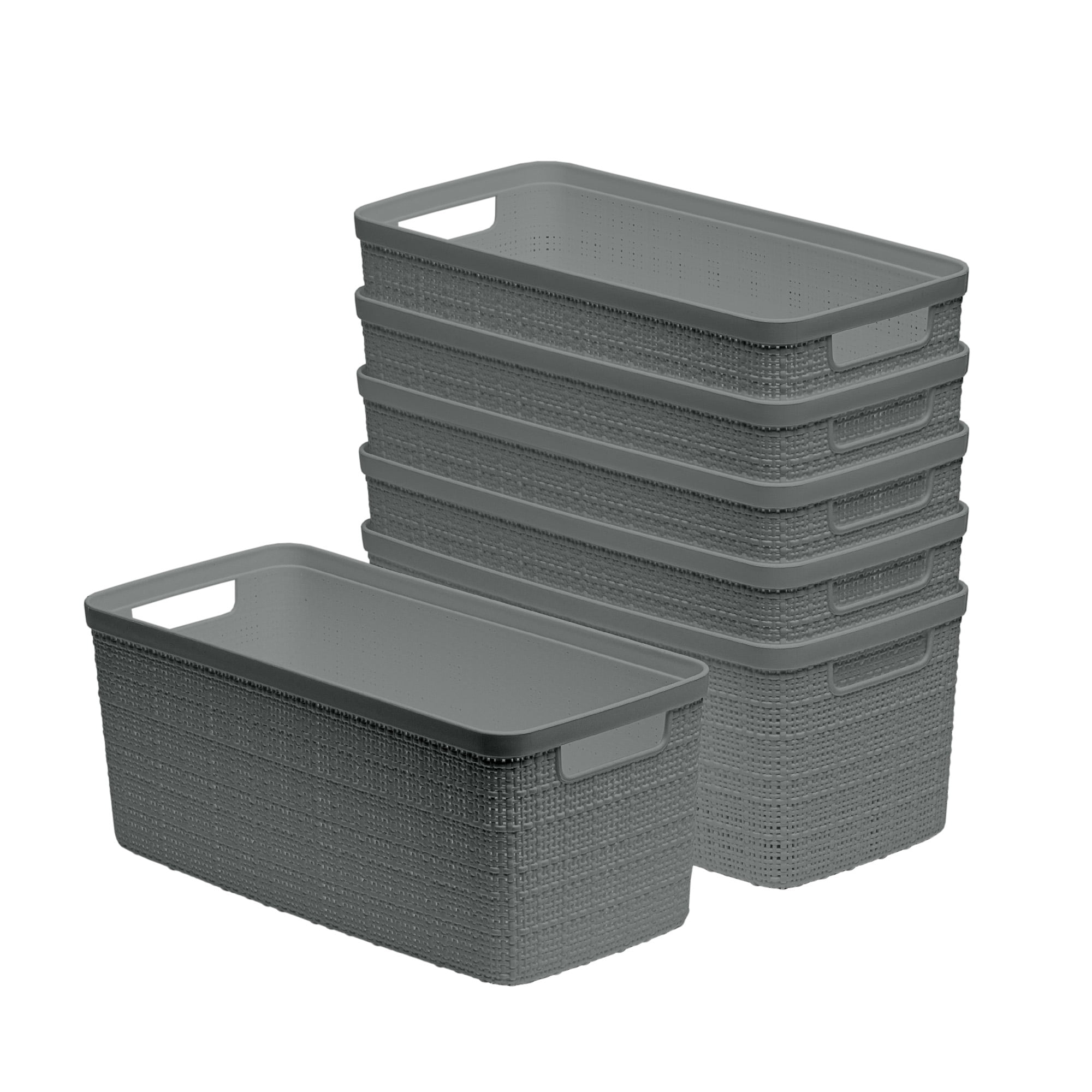 Curver Set of 6 Jute Basket Slim Durable Resin Organization and Storage Basket Bin, Grey