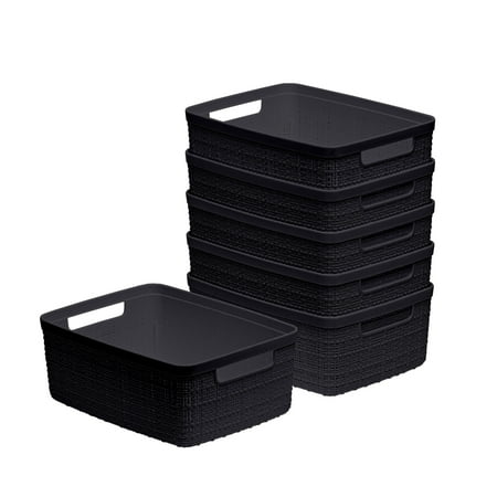 Curver Set of 6 Jute Basket Small Durable Resin Organization and Storage Basket Bin, Black