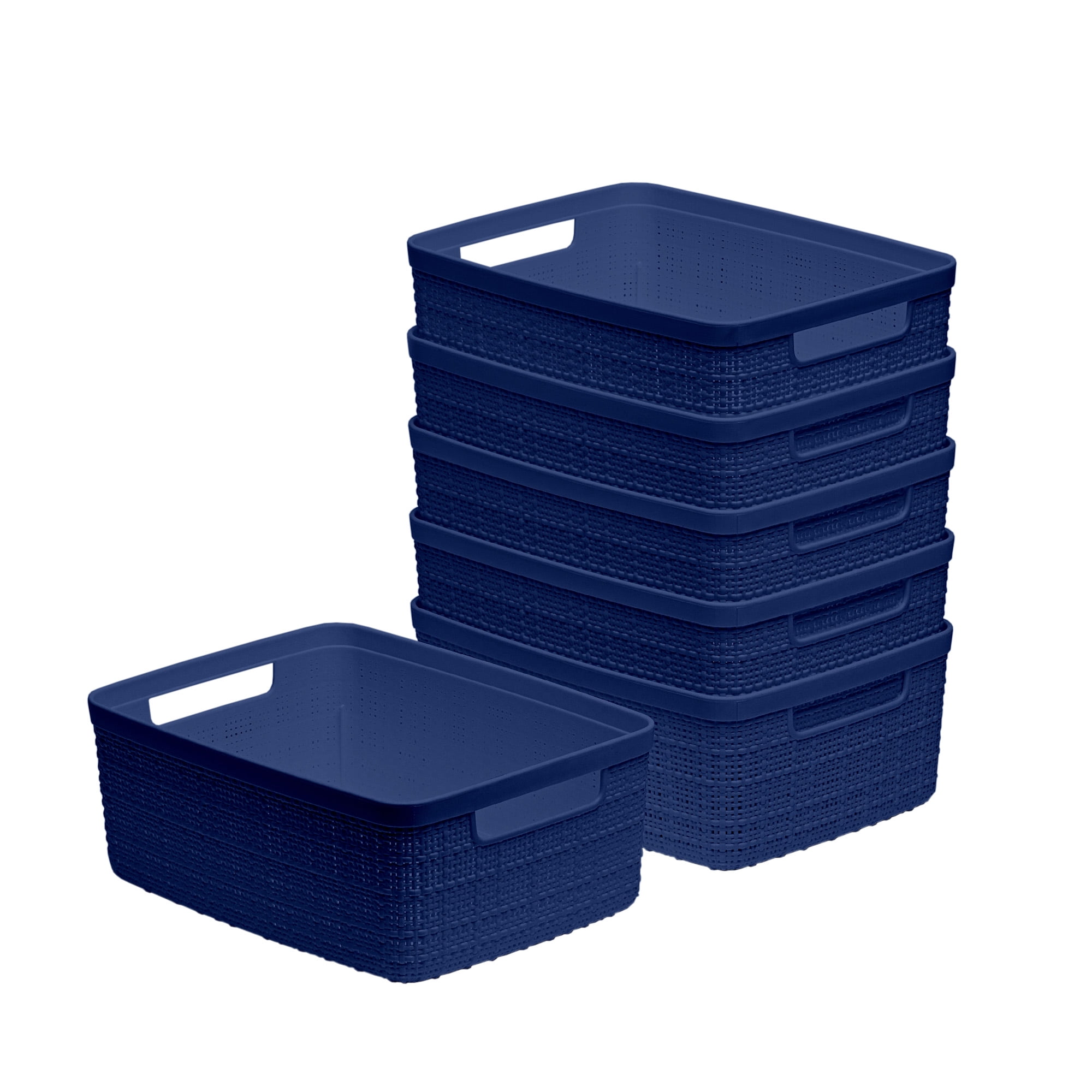 Curver Set of 6 Jute Basket Small Durable Resin Organization and Storage Basket Bin, Blue