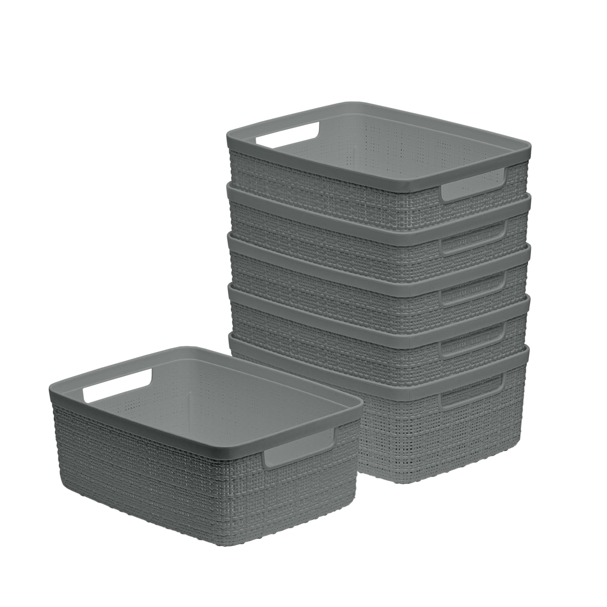Curver Set of 6 Jute Basket Small Durable Resin Organization and Storage Basket Bin, Grey