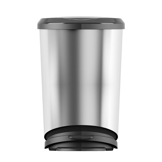 Curver Tondo 11 Gallon Plastic Step Trash Can, Stainless Steel Look Wastebasket