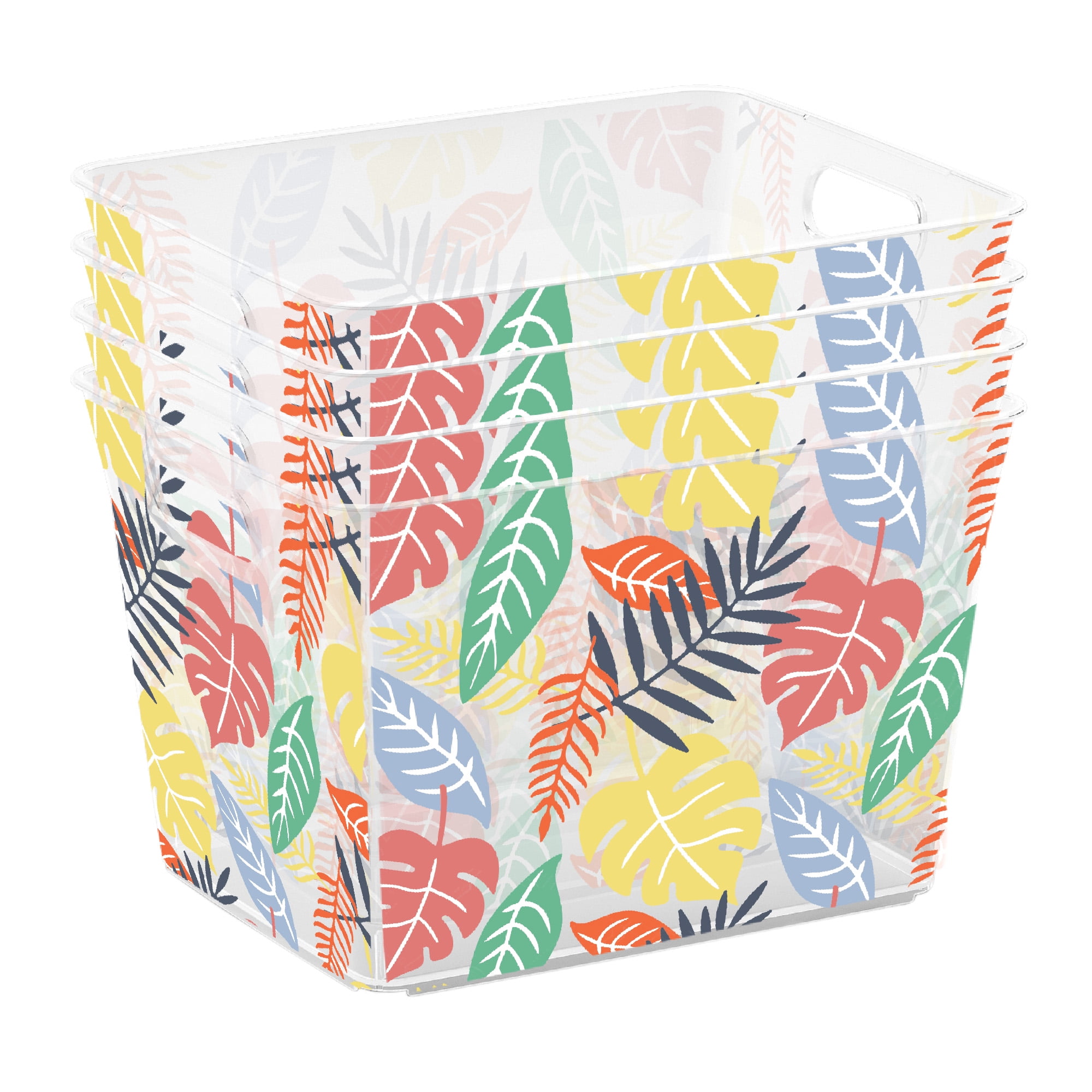 Curver V Basket Medium Stylish Decorative Retro Leaves Resin Plastic Storage Box Organizer Bin, Multicolor 4 Pack