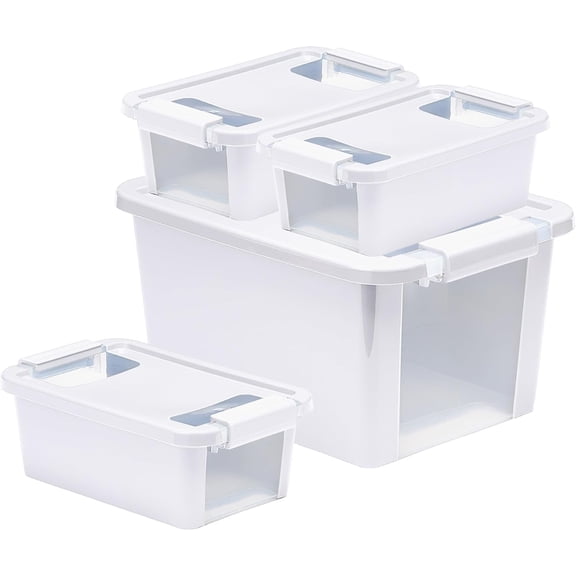Curver VersaBox Storage Box with Latching Lid, Stackable, Small, White, Set of 4