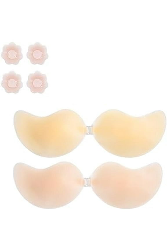 Cleavage Bra Adhesive Bra Push up Invisible Sticky Strapless Bras for Women Reusable Silicone with Nipple Covers(2pcs-a, D)
