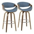 thumbnail image 1 of Curvini Mid-Century Modern Barstool In Walnut Wood And Blue Fabric - Set Of 2, 1 of 7