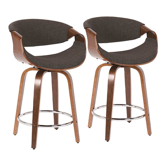 Curvini Mid-Century Modern Counter Stool In Walnut Wood And Charcoal Fabric - Set Of 2